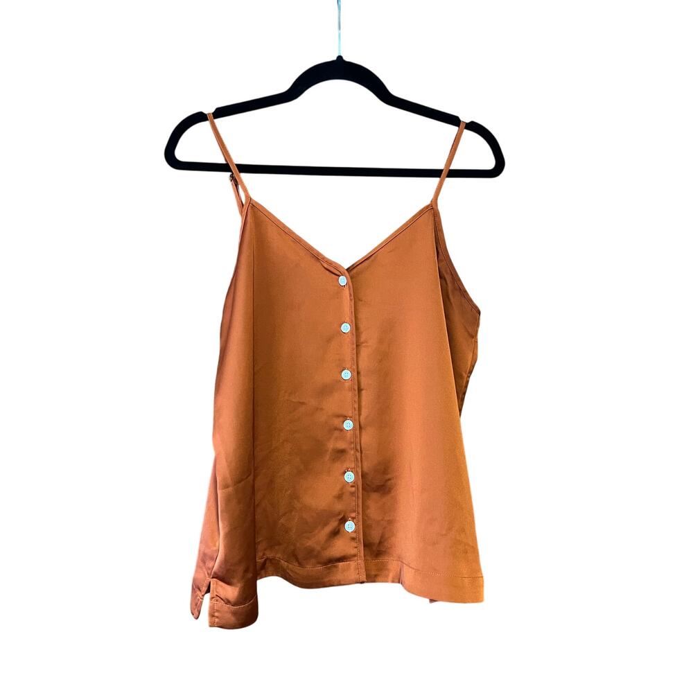 J. Crew Women's V-Neck Button-Up Cami Top Satin Sleeveless Rust Orange Size S